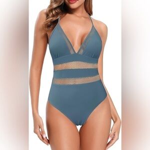 SHEKINI Women's Halter Plunge V-Neck One Piece Swimsuit Mesh Hollow Out XL NEW